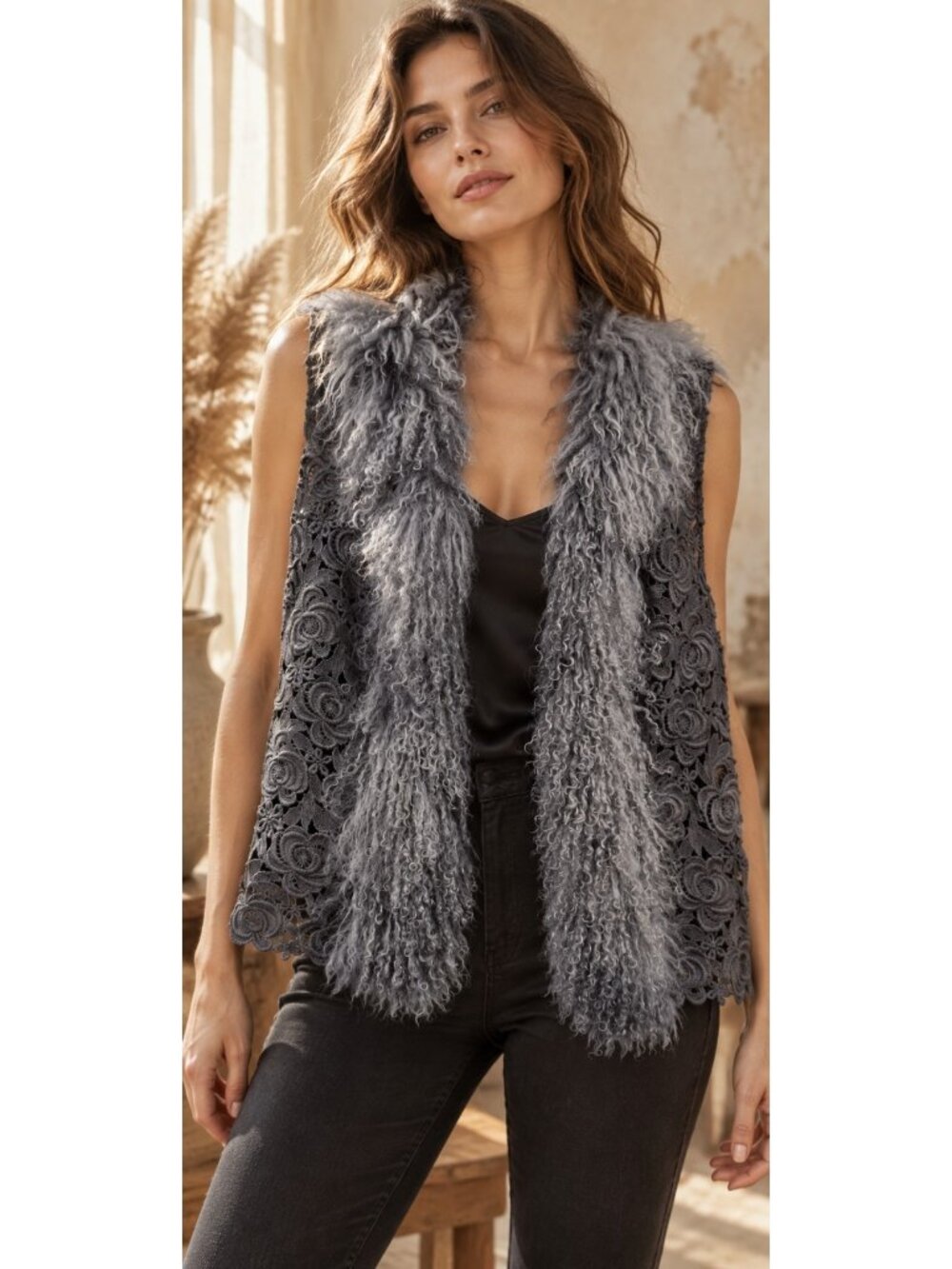 Shannon McLean Gray Mongolian Shearling Floral Lace Boho Vest Size L/XL